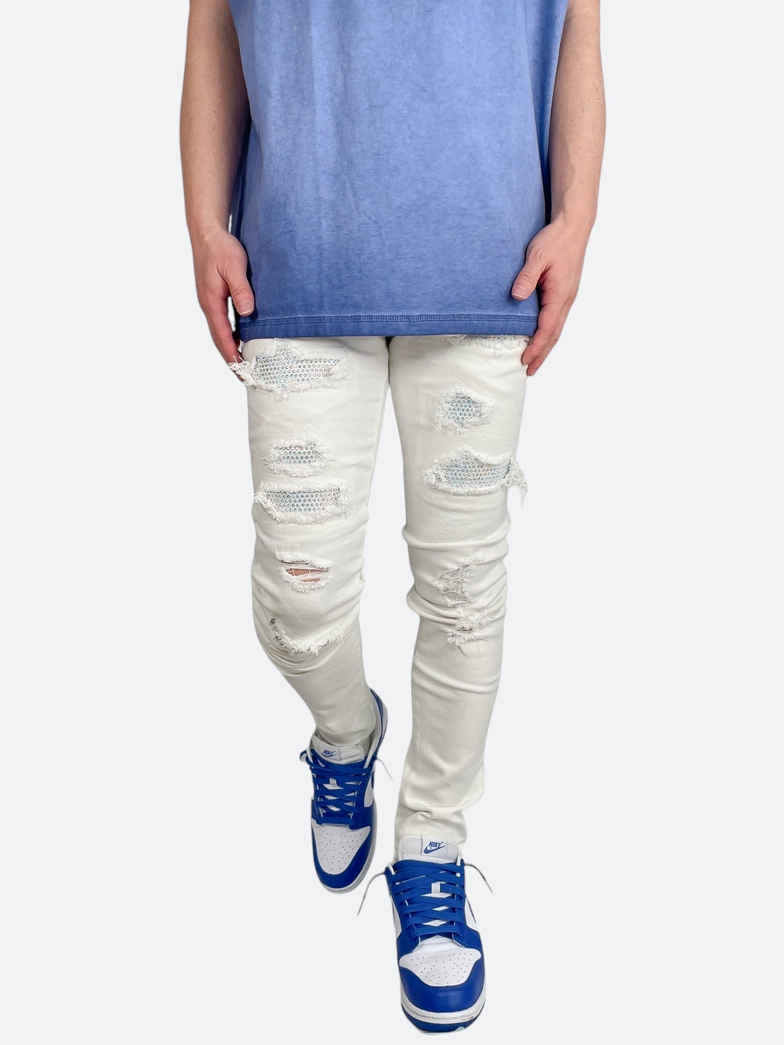 チョメチョメ　KDNK ホワイトライン  スキニー デニム36 RHINESTONE WHITE SKINNY DENIM：ラインストーンホワイトスキニー