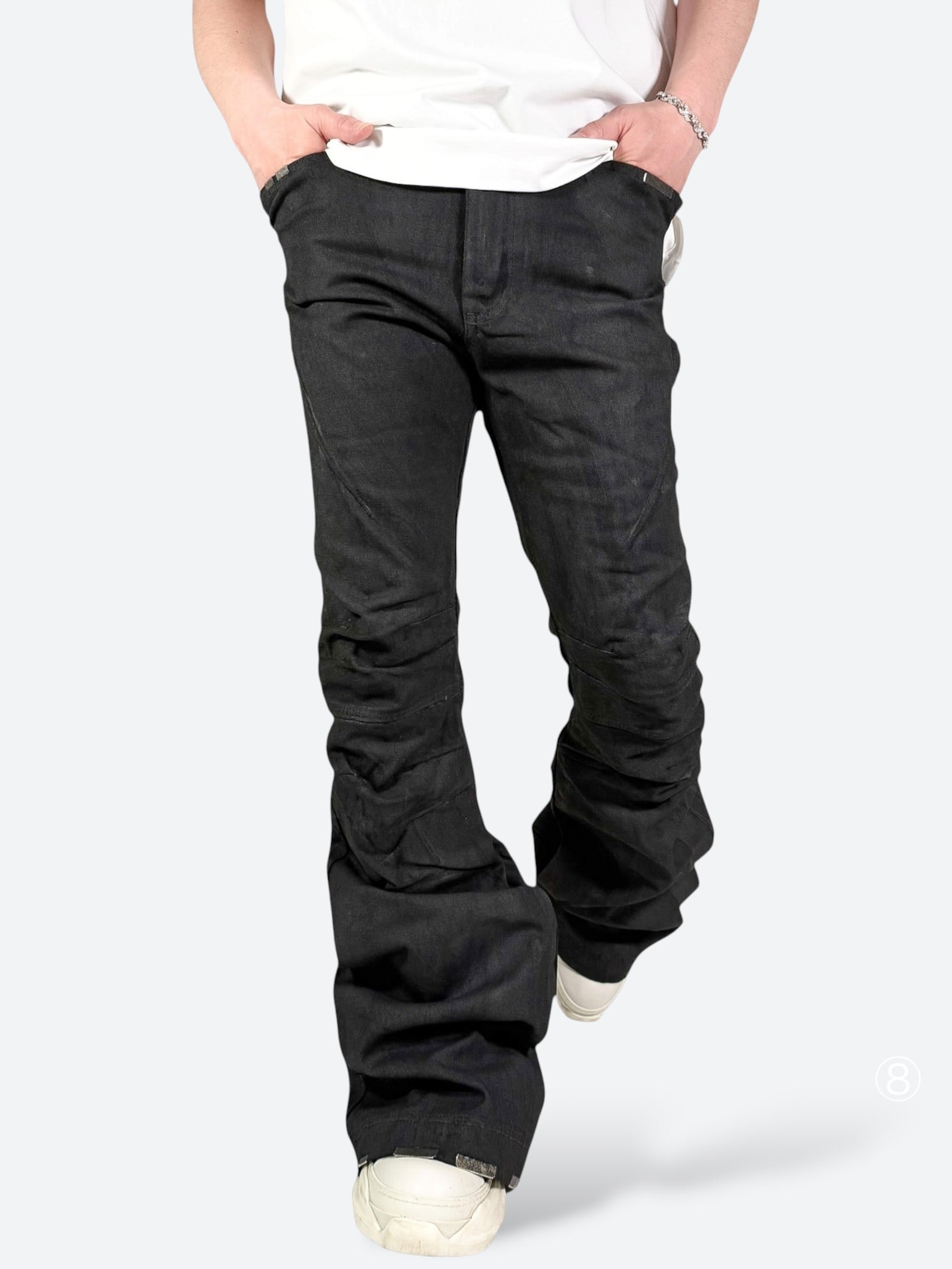 SHADOW GLOSS CRACKLE FLARE PANTS：シャドウ グロス クラックル