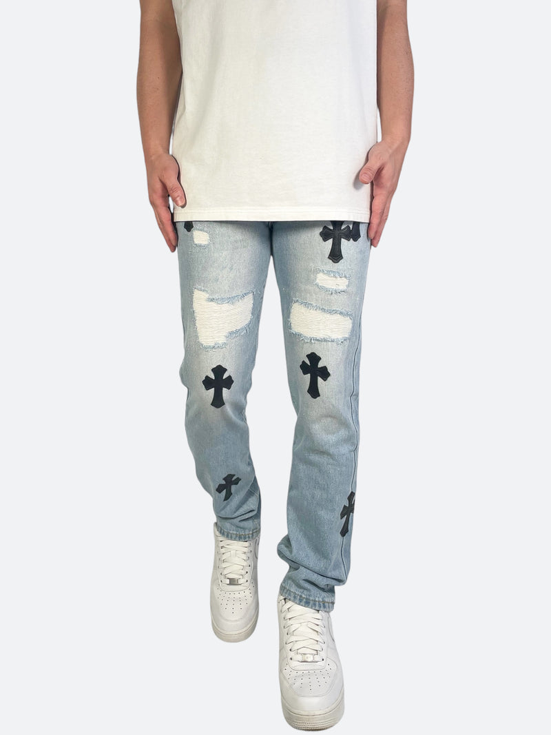 VINTAGE WASH CROSS PATCH DAMAGED DENIM: Vintage wash cross patch damage  denim