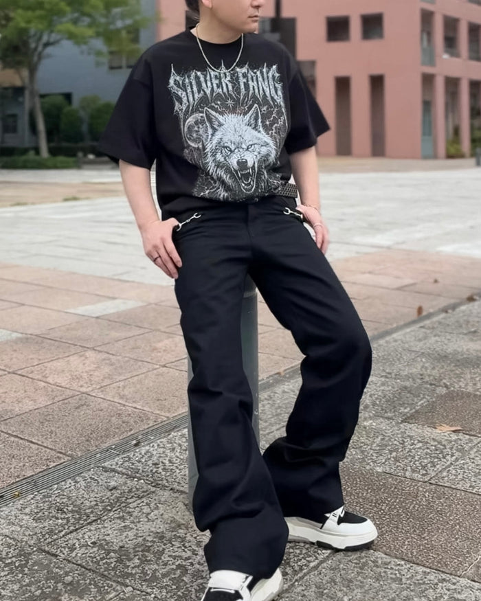BLACK ORNAMENT PIERCED STRAIGHT PANTS：ブラック オーナメント ピアスド ストレート パンツ