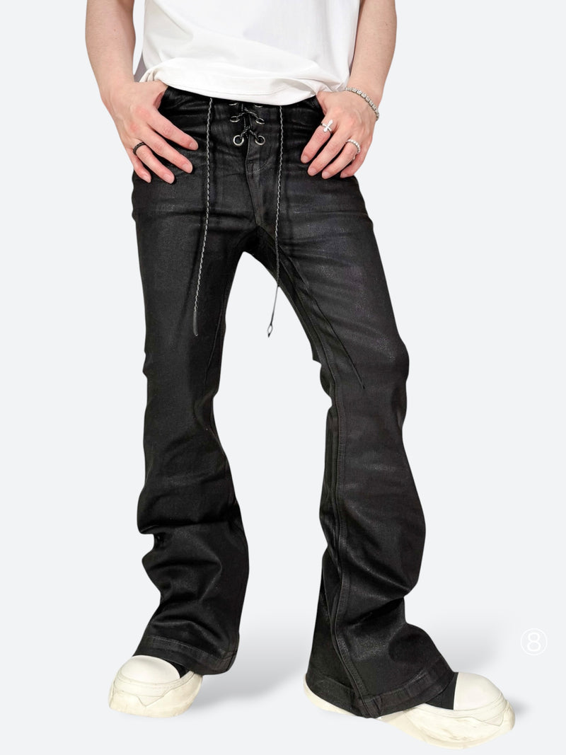 BLACK EYELET LACEUP FLARE DENIM：ブラック アイレット レースアップ