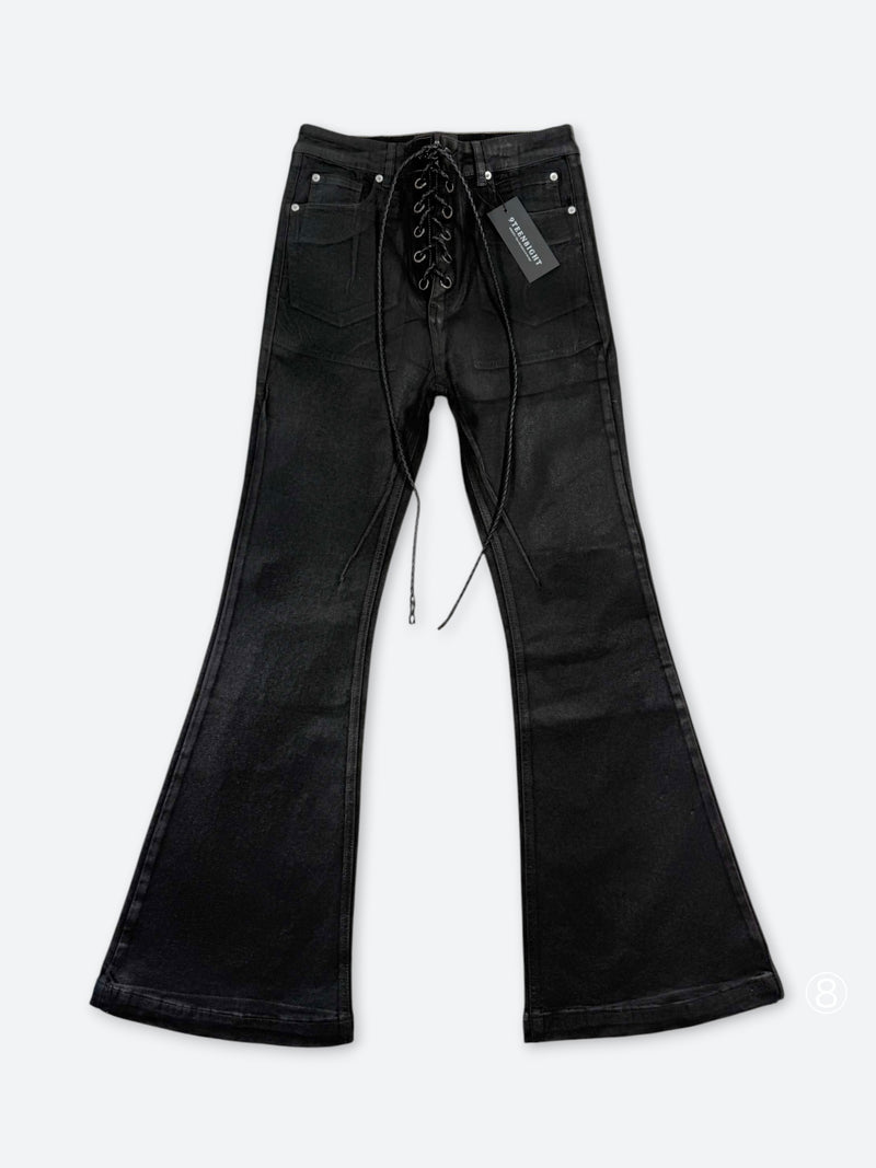 BLACK EYELET LACEUP FLARE DENIM：ブラック アイレット レースアップ