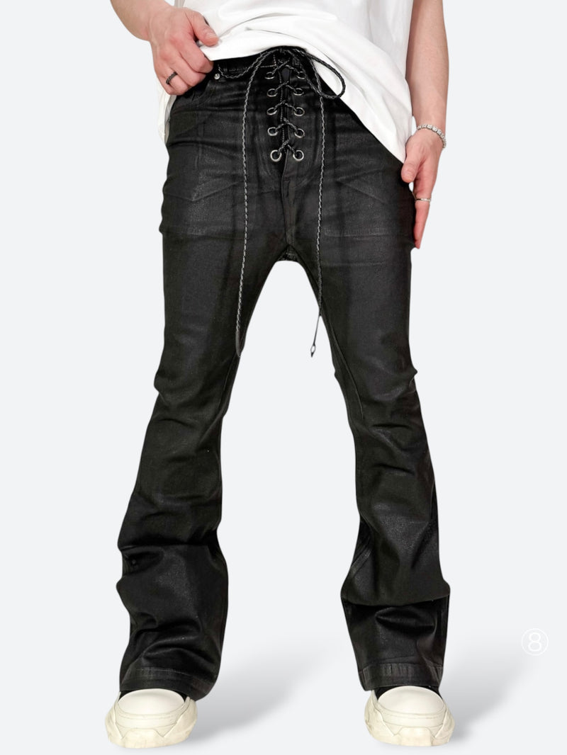 BLACK EYELET LACEUP FLARE DENIM：ブラック アイレット レースアップ 