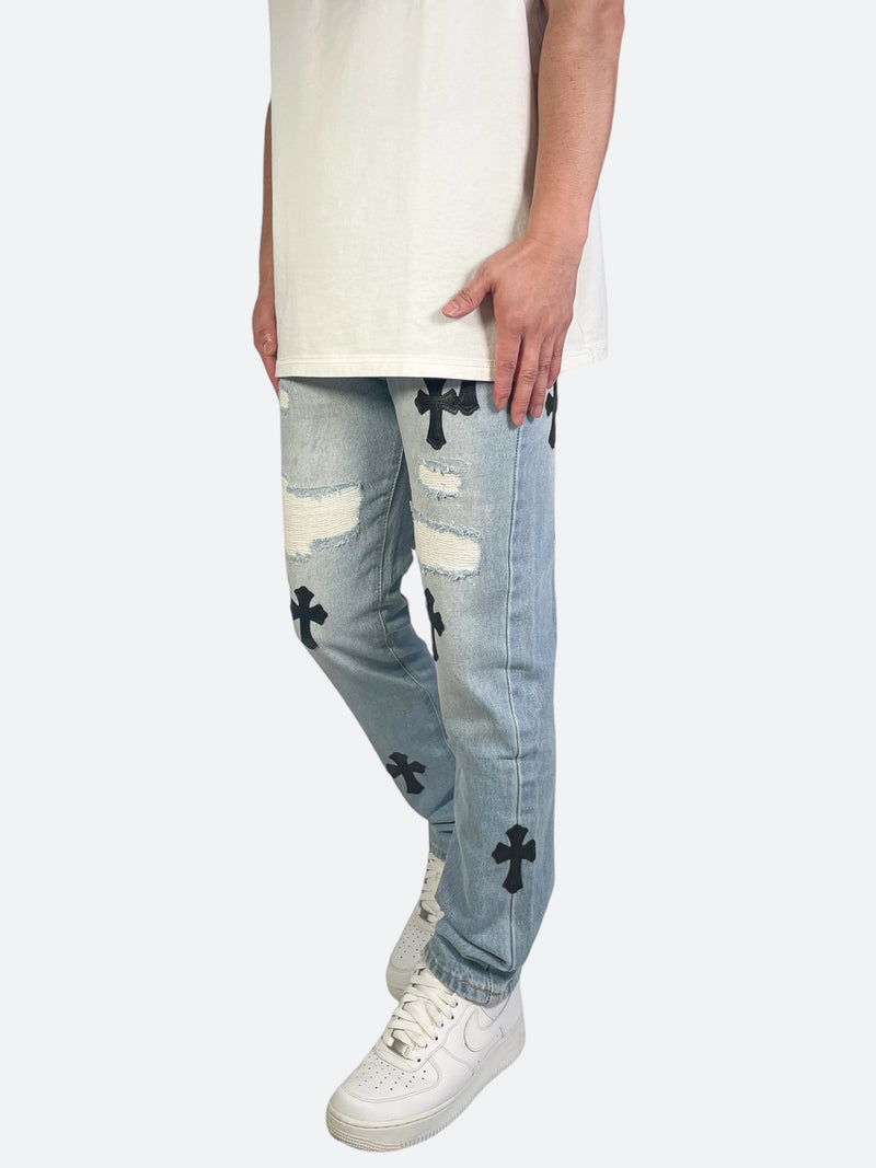 VINTAGE WASH CROSS PATCH DAMAGED DENIM: Vintage wash cross patch damage  denim