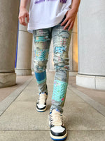 HIGH CRAFT RIPPED PATCH COLOR LINE DENIM: High Craft Ripped Patch Color Line Denim