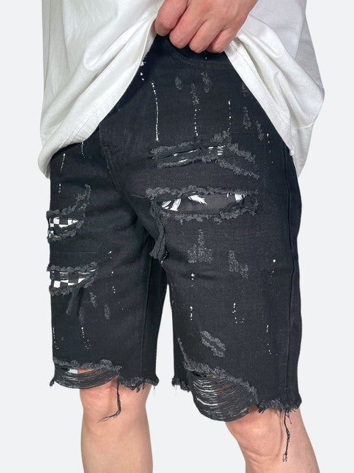 CHECKER PATCH DAMAGE PAINT SHORT DENIM：チェッカーパッチダメージペイントショートデニム
