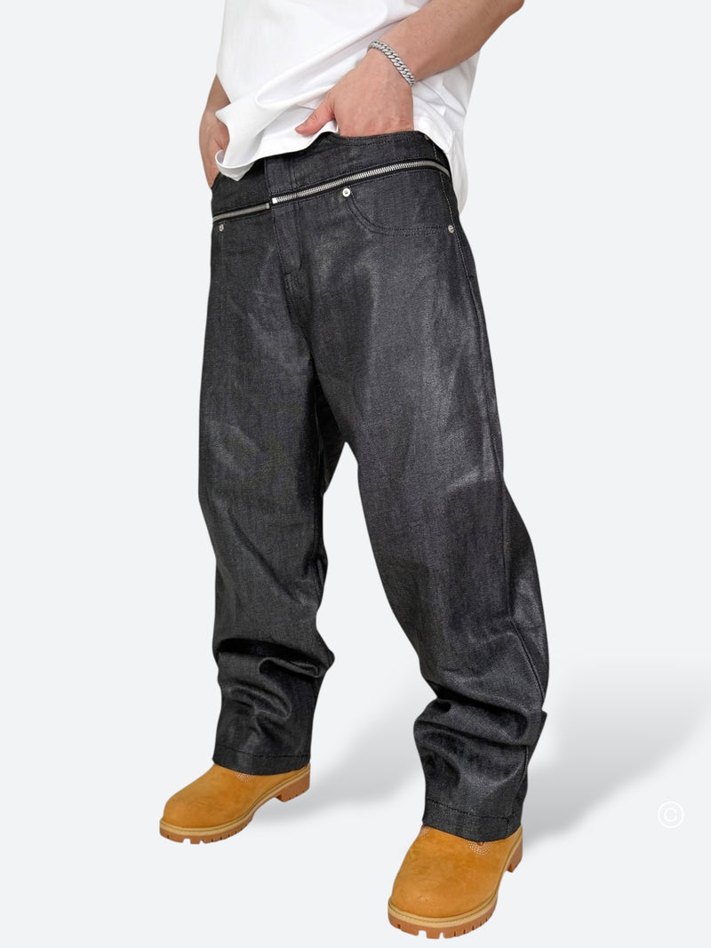DARK GLAZE BLAXOUT ZIP WIDE DENIM：ダーク グレイズ ブラックスアウト ジップ ワイド デニム