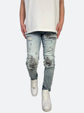 CASHEW FLOWER DAMAGED PATCH SKINNY DENIM：カシューフラワーダメージパッチスキニーデニム