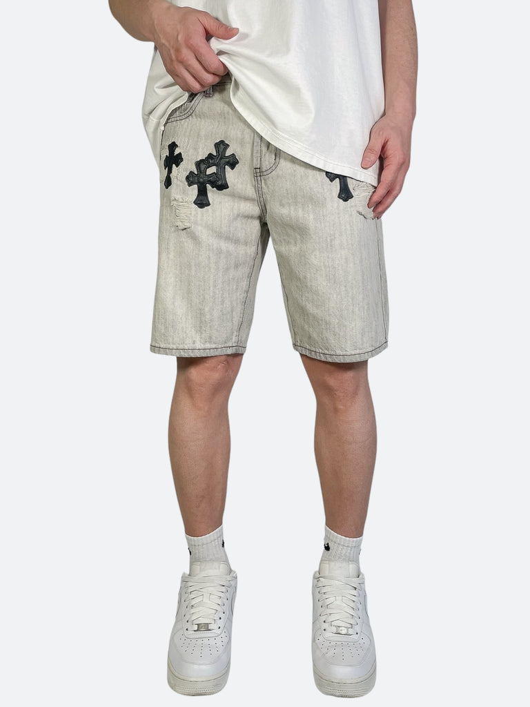 CROSS PATCH GRAY VINTAGE SHORT DENIM: Cross patch gray vintage short denim
