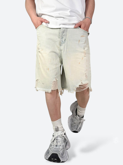 RAW GLACIER SHRED DENIM SHORTS：ロー グレイシア シュレッド デニムショーツ