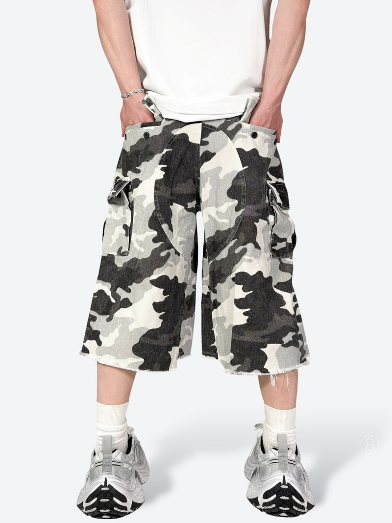新品UNDERGROUND ダメージ ウルトラバギーカーゴショーツ CAMO-L SHADOW VEIL DRAPE CAMO CARGO SHORTS：シャドウ ヴェール ドレープ