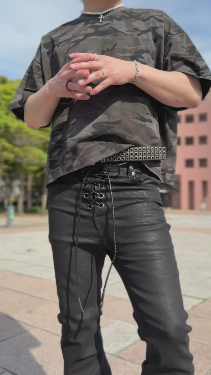 BLACK EYELET LACEUP FLARE DENIM：ブラック アイレット レースアップ フレア デニム