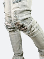 USED ​​WASHED PRINT PATCH DENIM: Used washed print patch denim