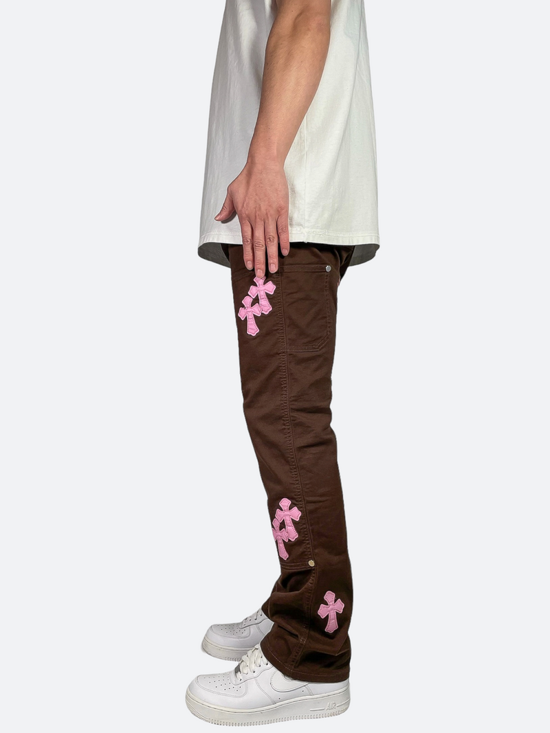 PINK CROSS LEATHER PACTH REMAKE WORKPANTS: Pink cross leather patch remake work pants