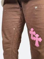 PINK CROSS LEATHER PACTH REMAKE WORKPANTS：ピンククロスレザーパッチリメイクワークパンツ
