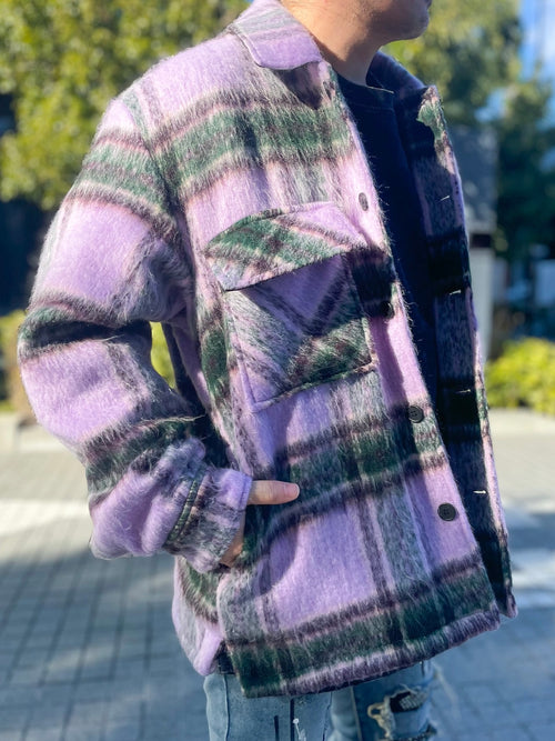 MOHAIR OVERSIZED CHECK SHIRT JACKET: Mohair oversized check shirt jacket