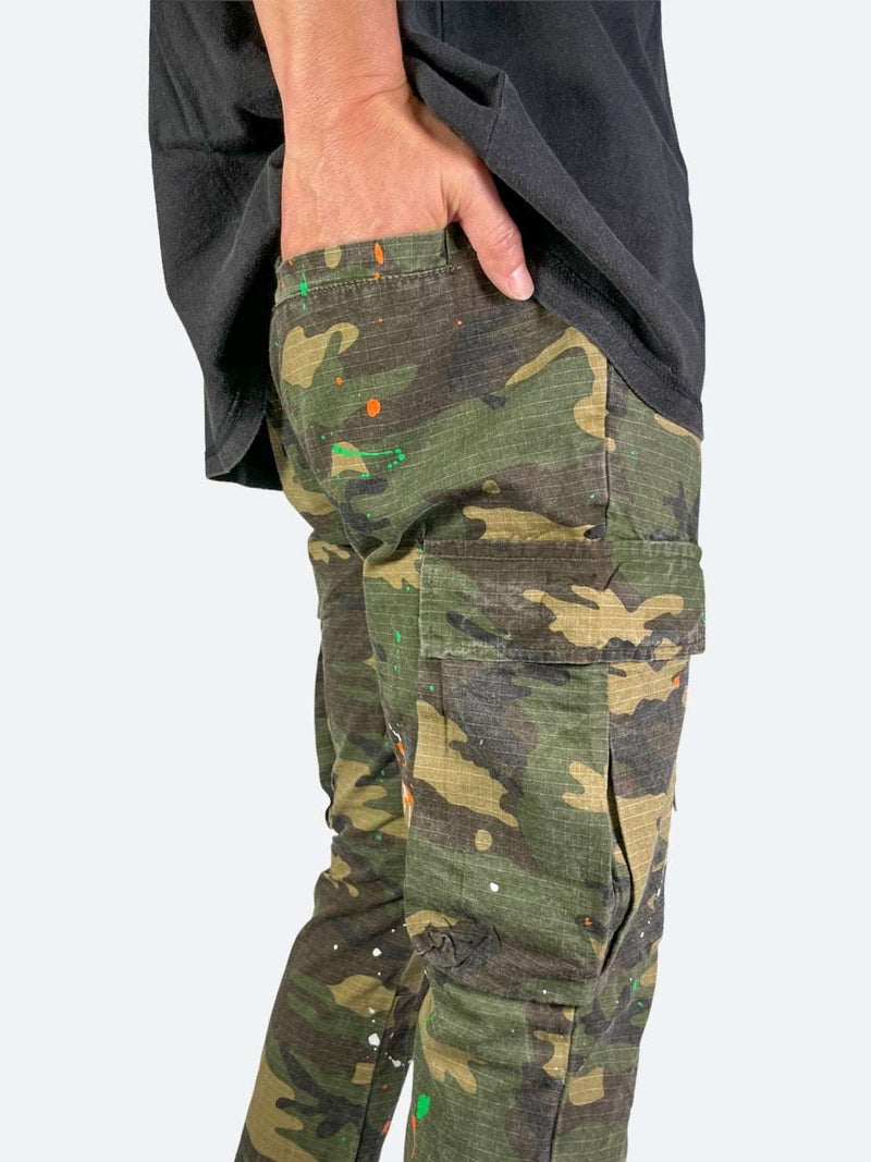 Splash Ink Mens Cargo Camo Pants Flare Bell Bottom Trouser Pocket Leopard  Splice
